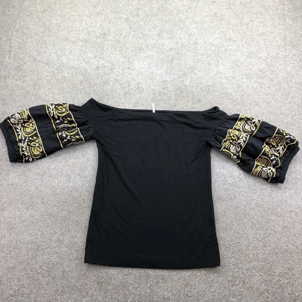 Free People Blouse Womens Small Black Embroidered Off Shoulder Balloon Sleeve